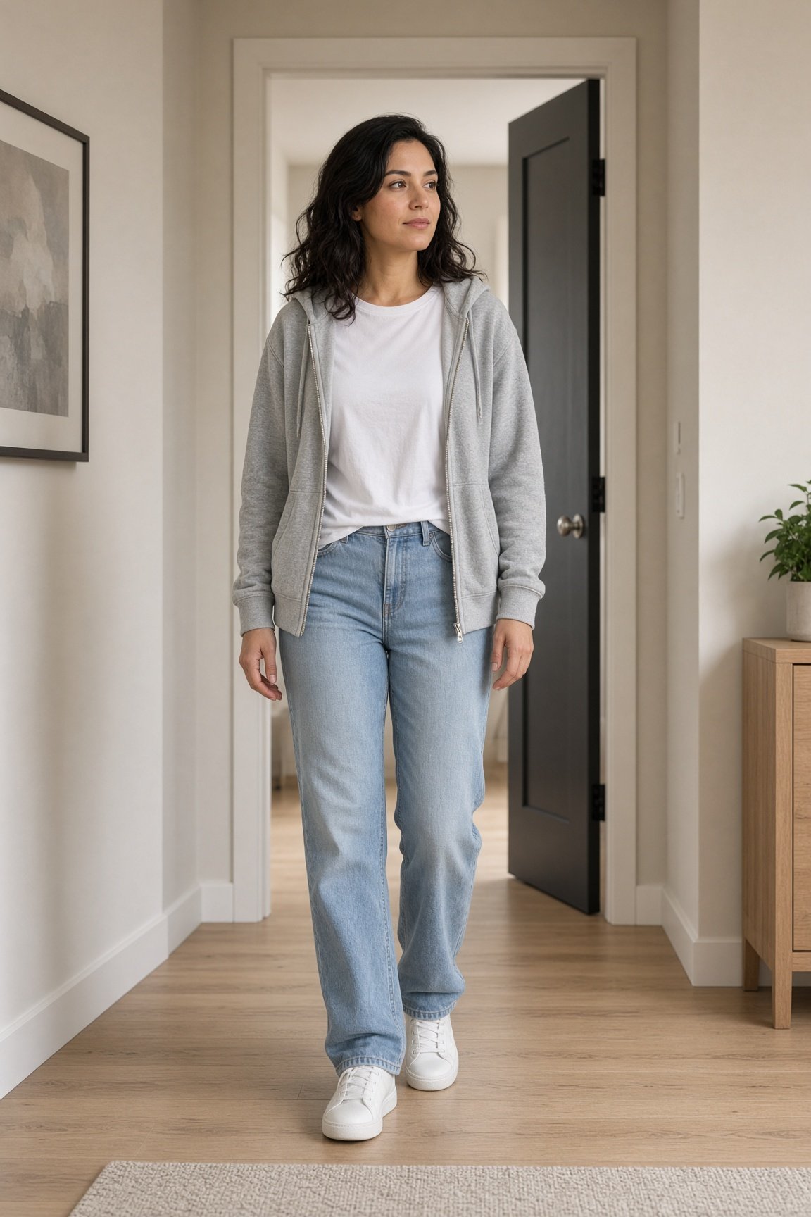 A woman in a grey hoodie and jeans, standing in a hallway.