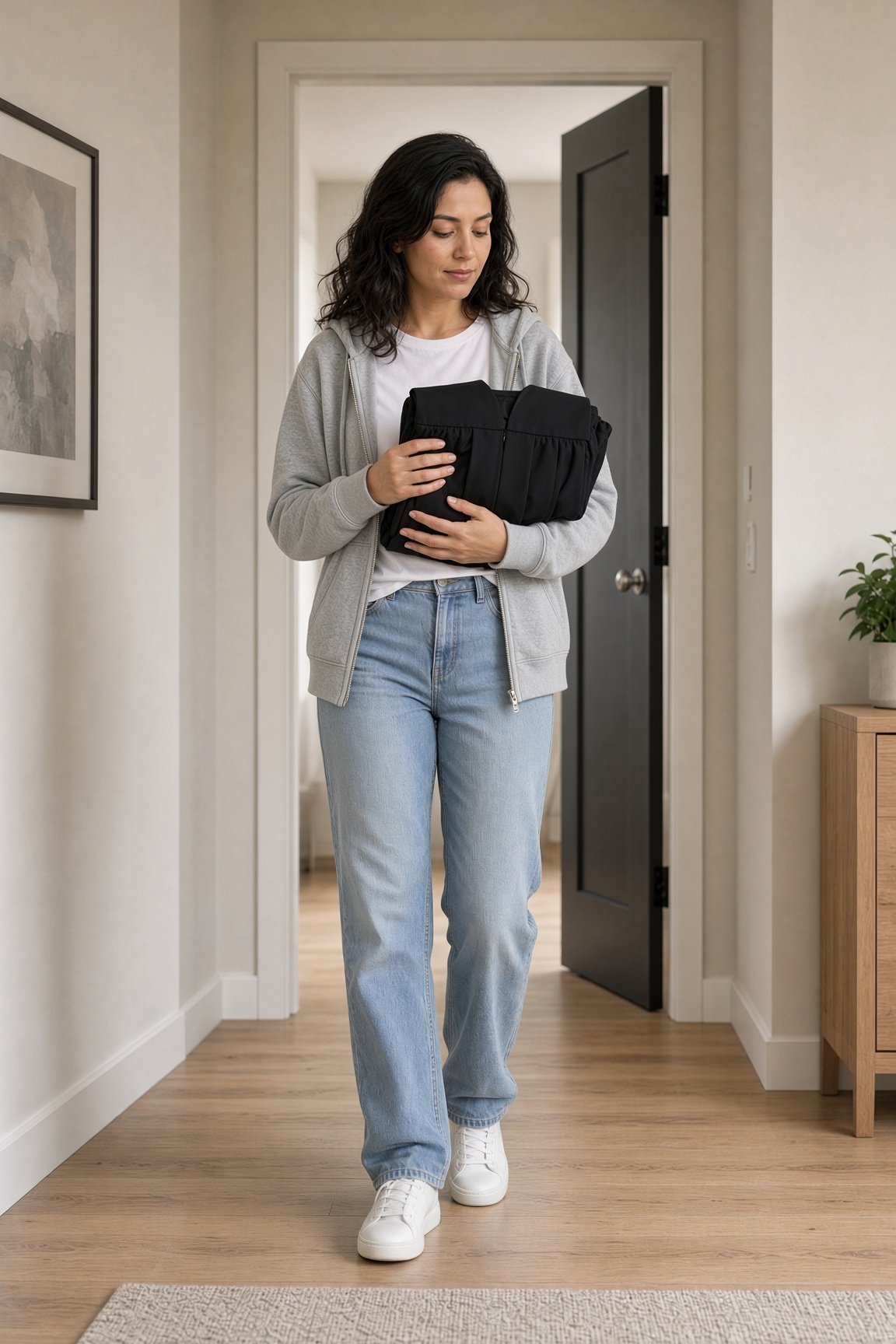 The same woman holding a folded black judge's robe.