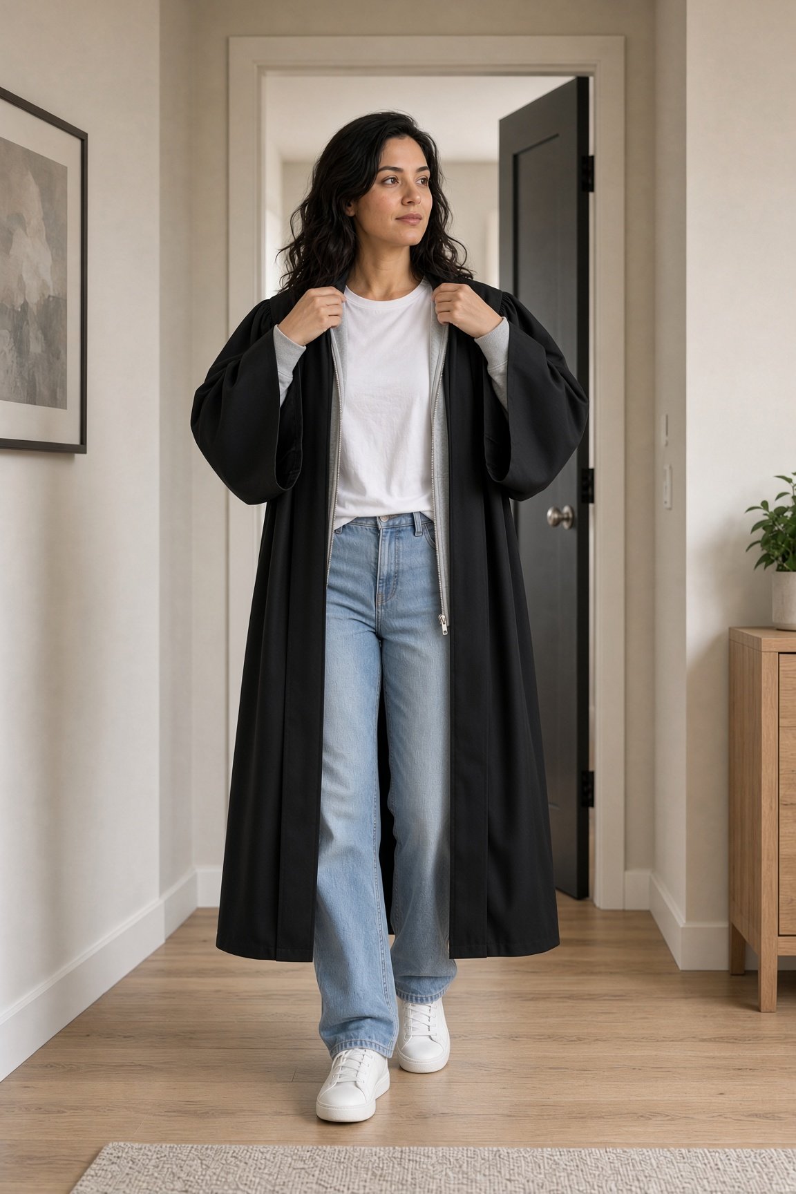 The robe is on. She adjusts the collar over her jeans and sneakers.