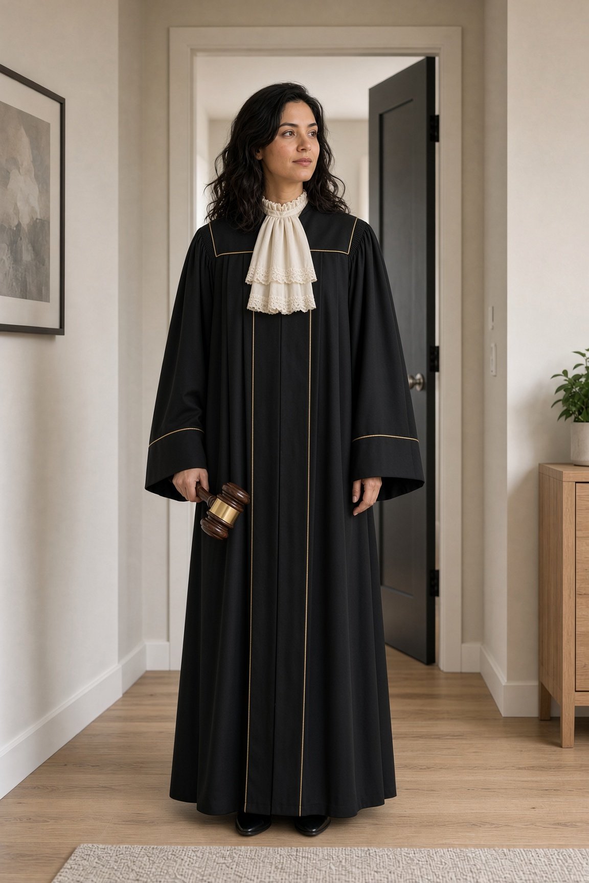 Fully robed, cream bands at her throat, a gavel in her hand.